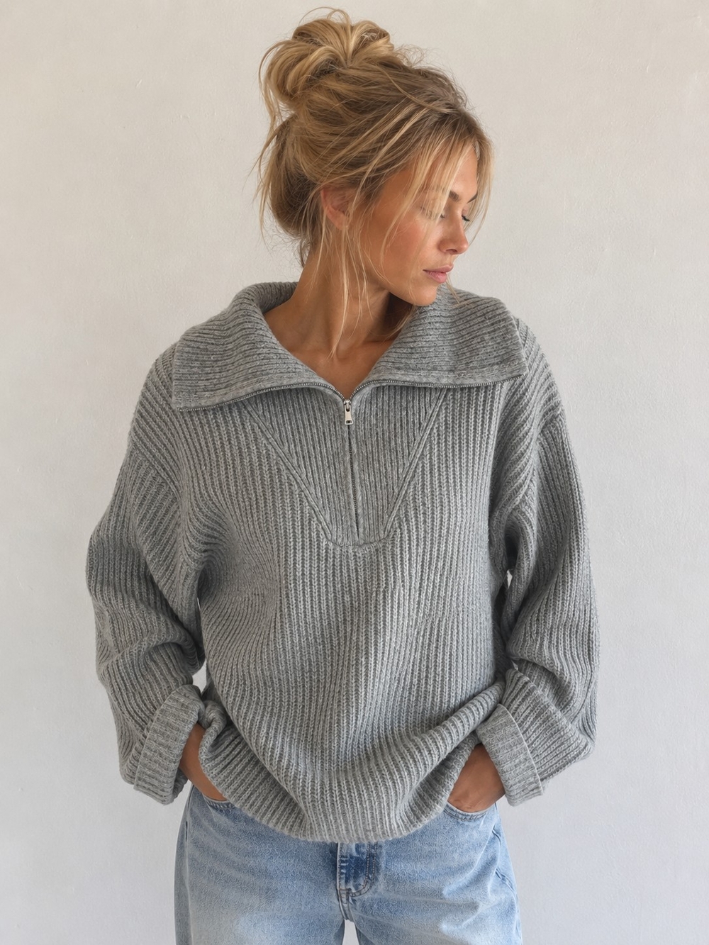 AND NOW THIS Women's Gray Ribbed Quarter Zip Drop Shoulder Sweater Size Small